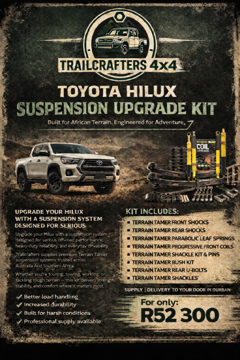 Toyota Hilux Spares | Suspension | Front Shocks | Rear Shocks | Rear coils | progressive Front Coils | Parabolic Leaf springs| Shackle kit and pins | Bush Kit | U-bolt | Durable Spares | Reliable Parts | Delivery to your Door | 4WD Spares | 4x4 Parts